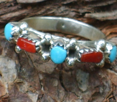 American Indian Ring Turquoise & Coral  - sz 8.25